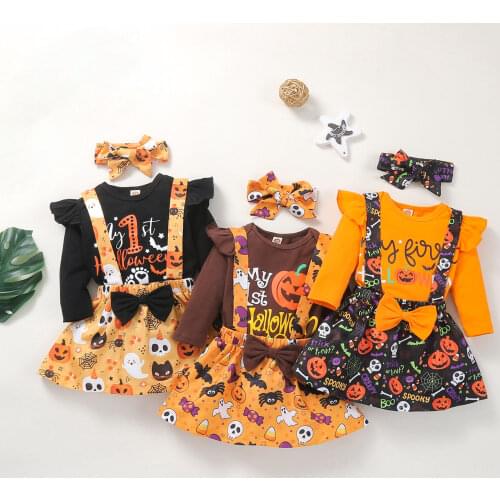 Citgeett Autumn Halloween Infant Baby Girls Suit Cute Print Long Sleeve Romper and Suspender Skirt Headband Clothes Set