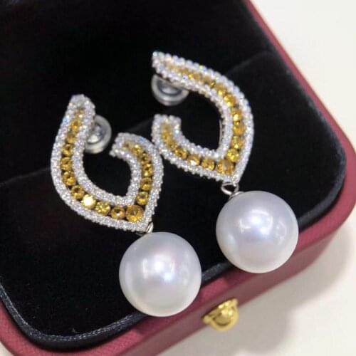 D529 Pearl Earrings Fine Jewelry 925 Sterling Silver Round 10-11mm Nature Fresh Water White Pearls Drop Dangle Earrings