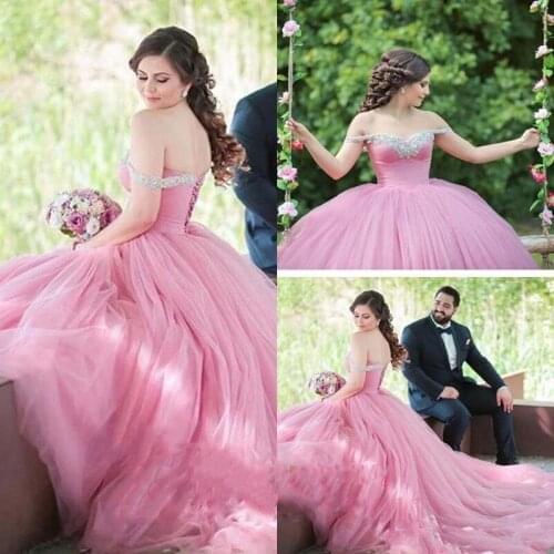 2020 Pink Quinceanera Dresses Sexy Off The Shoulder Tulle Prom Dresses Formal Dresses Tulle Ball Gown