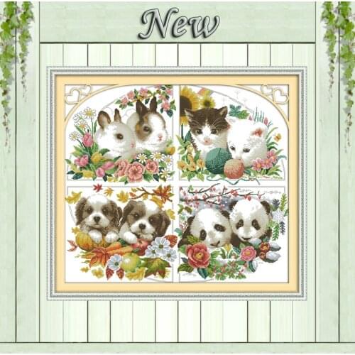 Four seasons animal cat dog panda rabbit, Counted print on canvas DMC 14CT 11CT DIY Cross Stitch Needlework kits Embroidery Sets