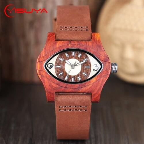 YISUYA Creative Angel Eyes Womens Natural Red Wooden Watches Fashion Quartz Leather Band Elegant Wrist Watch Clock for Men Gift