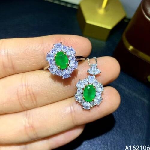 Fine Jewelry 925 Pure Silver Chinese Style Natural Emerald Womens Luxury Trendy Flower Gem Pendant Adjustable Ring Set Support