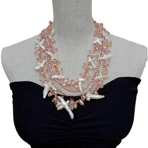 YYGEM 4 Strands Natural Cultured White Cross Pearl Purple Potato Pearl Pink Crystal Necklace cute style for women