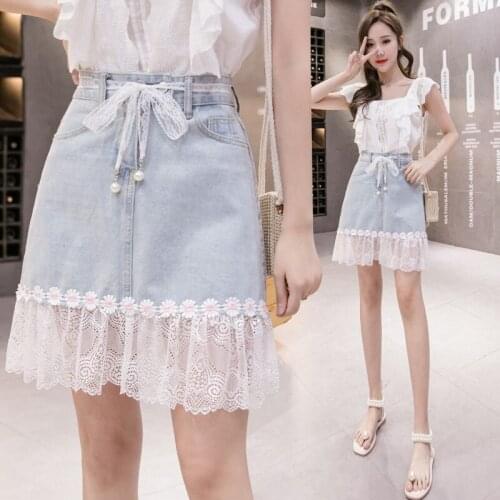 High Waist Hole Denim Women Skirt Summer Appliques Embroidery Solid Blue Jeans Elegant Harajuku Female Mini Package Hip Skirt