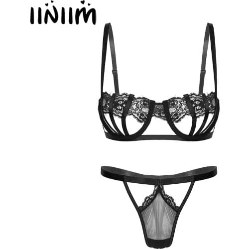 Womens Lace Underwear Sissy Exotic Lingerie Set Underwear Hollow Out Underwire Cut Out Bra with T-back G-string Briefs Panties
