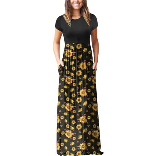 Summer Floral Dress Womens Vintage Long Dress Pocket Beach Short Sleeve Dresses Casual Beach Maxi Loose Dresses 2021 Robe Femme