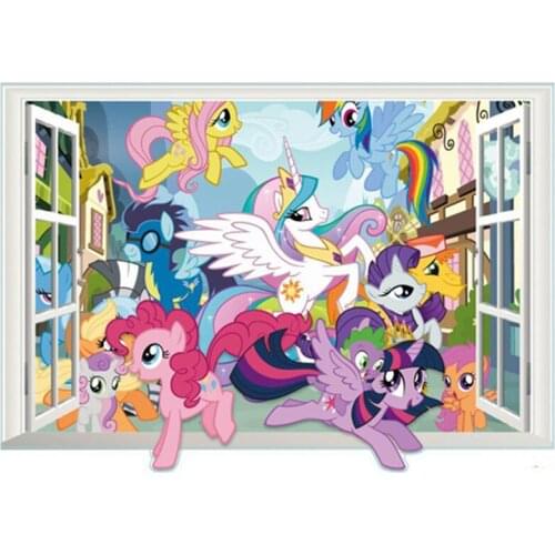 3D Pony mural My Little Horse fake window vinyl wall stickers kids bedroom girl room decoration cartoon poster wallpaper 70*50cm