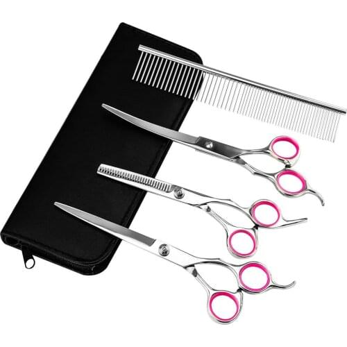 4PCS/SET Pet Grooming Scissors Set Straight Curved Dog Cat Cutting Thinning Shears Kit Tesoura Para Hair Thinning Shears Comb
