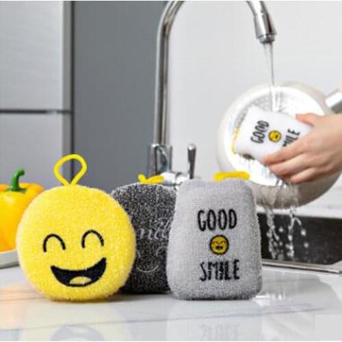 4PCS Multifunctional Kitchen Cleaner Sponges Strong Decontamination Dish Washing Cloth Scouring Pads Creative Smiley Face Thick