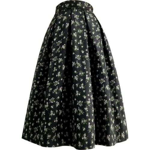 Black summer vintage floral printed ball gown slirt women high waist embroidered umbrella skirt plus size