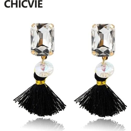 CHICVIE Brand Crystal Stone Drop Earrings For Women Vintage Gold Color Earrings With Black Tassel Fashion Jewelry SER160099