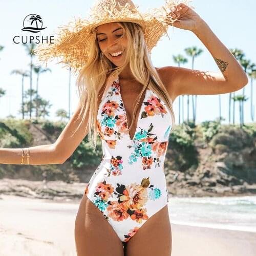 CUPSHE Tie Waist Floral One-piece Swimsuit Women Sexy Backless Halter Monokini Swimwear 2021 New Girl Beach Bathing Suits