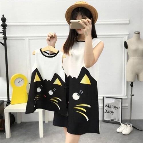Malayu Baby Family Matching Outfits New Girls Cartoon Printing Dress Fashion Kids Costumes Mother Elegant Sleeveless Outfits