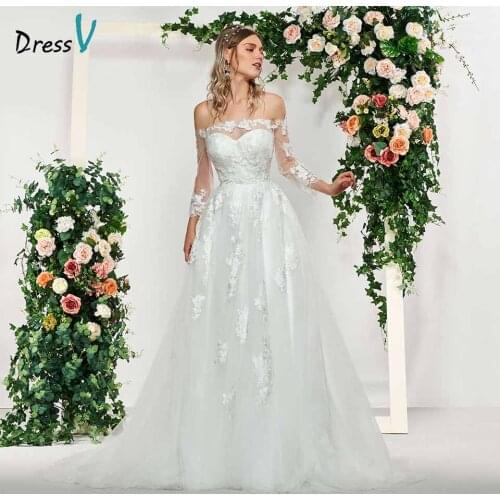 Dressv elegant ivory long sleeves button off the shoulder wedding dress floor length simple bridal gowns a line wedding dresses