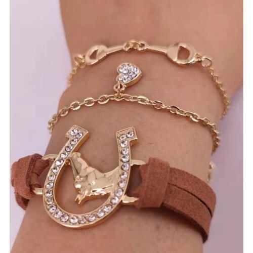 Hzew 3 pcs/set crystal heart bracelet Leather rope horse head bracelets