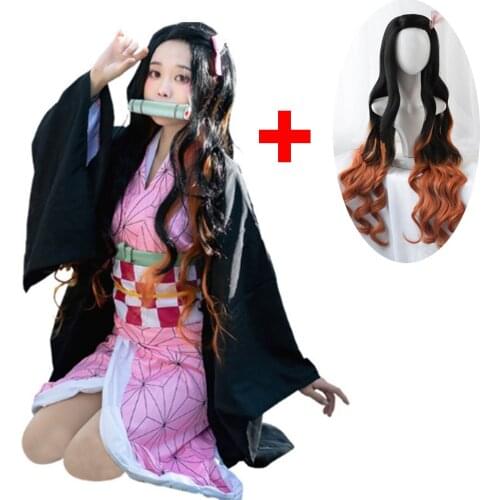 Hot Anime Kamado Nezuko Cosplay Costume Wig Demon Slayer Kimetsu No Yaiba Kimono Uniform Cloak Full Set Halloween Gradient Hair