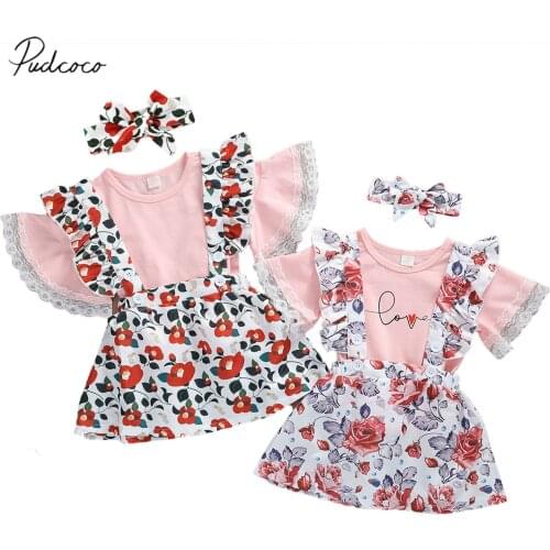 Infant Baby Girls Summer Clothes Lace Sleeve T Shirt Tops Floral Suspender Skirt 2Pcs Outfit Party Dress outfits sets