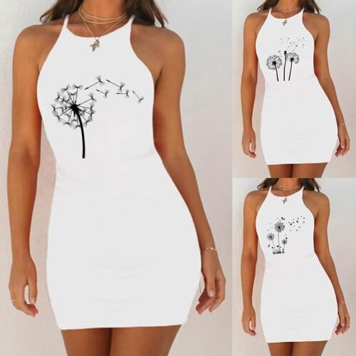 Summer 2020 New Dresses For Women Sexy Slim Pack Hip Sleeveless Dress Dandelion Print O Neck Mini Dress Club Party Wrap Sundress