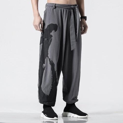 Spring Autumn Hip Hop Harem Wide Leg Pants Men Loose Printed Trousers Drawstring Joggers Chinese Style cotton Linen Pants 5XL