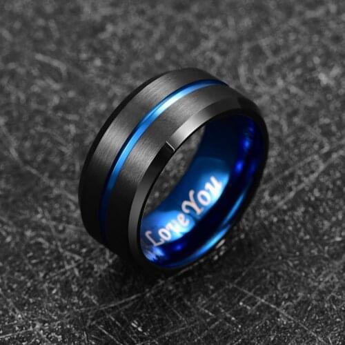 New Mens Tungsten Carbide Ring Blue Black Tungsten Steel Ring Beveled Edge Wedding Band 10mm 6mm 4mm Size 7-17 Comfort Fit