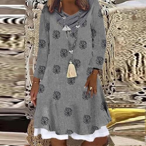 Autumn Women Elegant V-Neck Button Chic Dress Harajuku Vintage Printed Loose A-Line Dresses Female Casual Long Sleeve Dresses