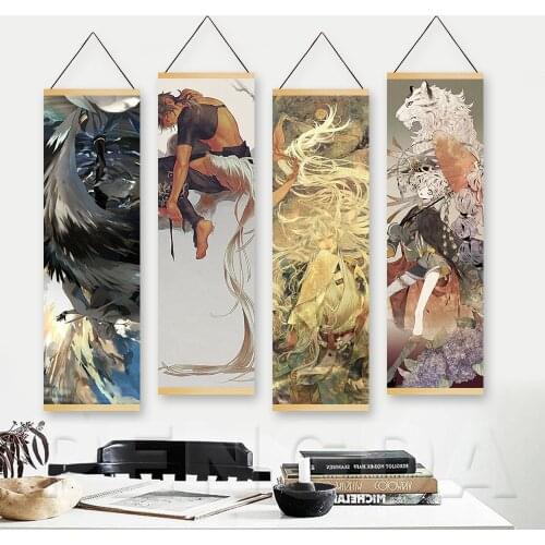 Canvas Print Poster Solid Wood Hanging Scroll Home Decor Game Touken Ranbu Online Painting Nordic Style Wall Art For Living Room