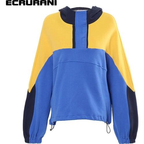 ECRURANI Patchwork Casual Hoodies For Women O Neck Long Sleeve Hit Color Loose Sweatshirts Females Fashion Clothing 2021 Stylish
