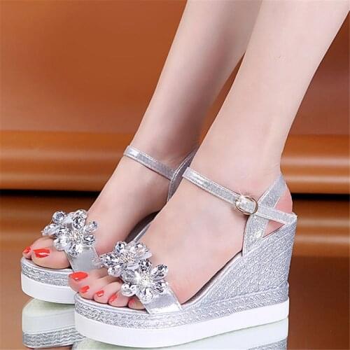 Female Fashion Flower Open Toe Sandals Dress Silver Sandals Women Rhinestone Wedges Platform Party Shoes Woman