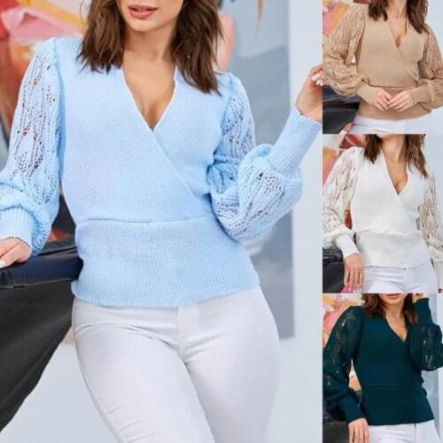 Sweater Womens Clothing 2021 Casual Spring Autumn Solid Color Hollow Out V-Neck Long Sleeve Pullovers Woman Y2K Knitted Tops
