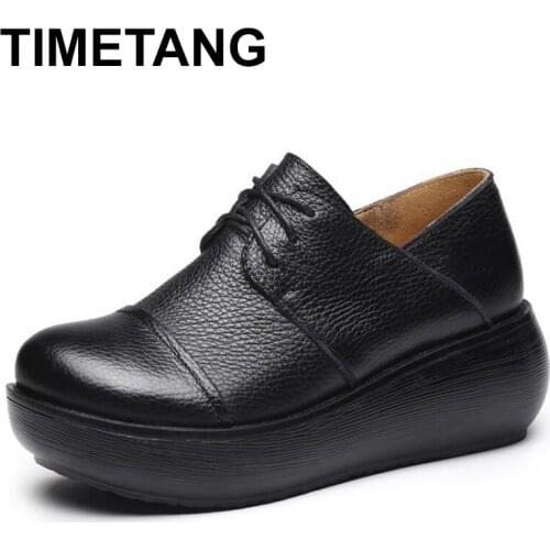 TIMETANGSpring Autumn New Ethnic Style Single Shoes Women Genuine Leather Shoes Wedges Round Toe High Heels LaceUp PlatformShoes