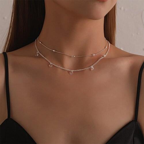 Vintage Simple Crystal Pendant Necklace Double-layer Clavicle Thin Chain Charm Choker Necklaces For Women Party Jewelry Gift