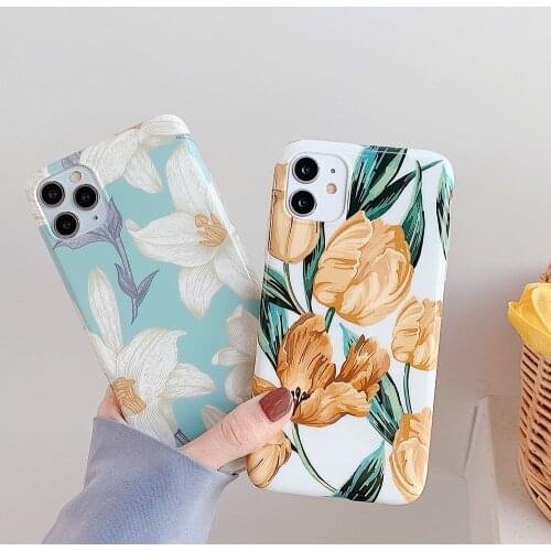 Vintage Flowers Phone Case For iPhone 12 mini 11 Pro Max XS Max XR X 6 6S 7 8 Plus Tulip Lily Cases Soft IMD Leaf Back Cover