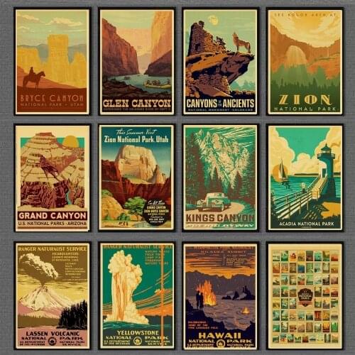 Vintage Poster Famous National Park Landscape Retro Posters and Prints Art For Home/Living Room/Bar Wall sticker Decals Painting