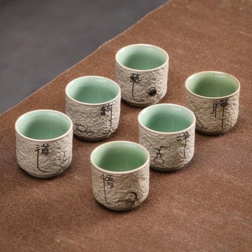 NEWYEARNEW 6pcs Ceramic Tea Cup Set Coarse Pottery Chinese Ancient Art Personality Business Gift Drinkware