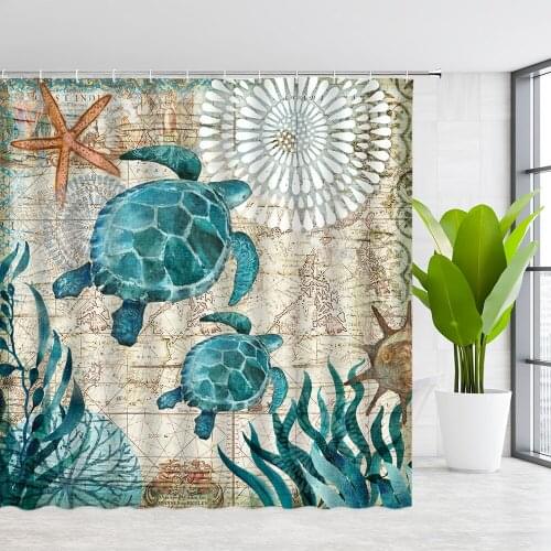 LAEDCIITI Shower Room Curtains Two Sea Turtle Water Color Ocean Animal Retro Map Bathroom Decor Polyester Hanging Curtain Set