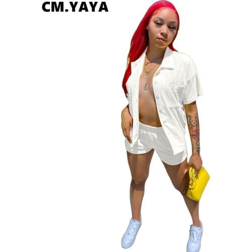 CM.YAYA Women Set Solid Short Sleeve Turn-down Collar Shirts Tops Mini Shorts Two 2 Piece Sets Active Tracksuit Summer Outfits
