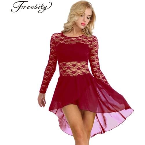 Women Long Sleeve Floral Lace Asymmetric Chiffon Ballet Dance Leotard Dress Adult Lyrical Modern Dance Practice Costumes