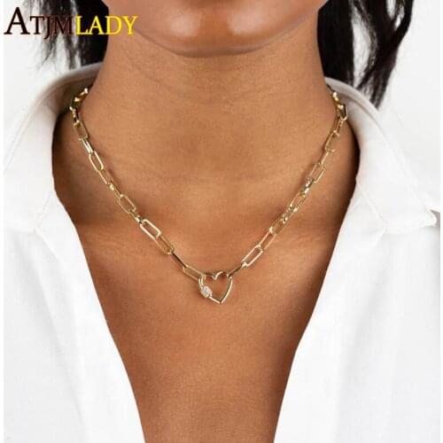 Gold Color European Women Fashion Jewelry Safety Pin Paper Clip Open Link Chain With CZ Heart Charm Simple Women Choker Necklace