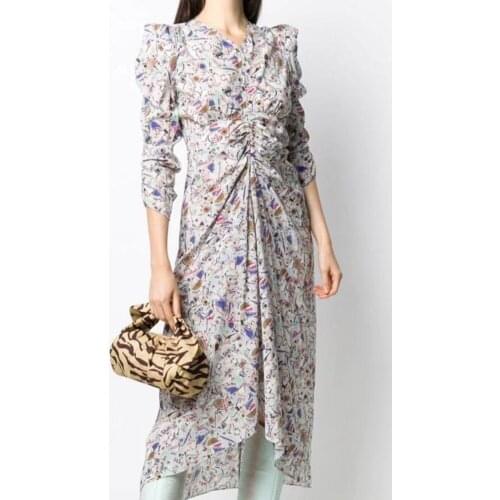 Women Vintage Geometric Print Silk Pleated Midi Dress Autumn 2021 Ladies Three Quarter Sleeve Party Fashion Sweet Robe Clothes