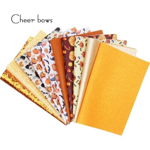 10pcs/set A4 Synthetic Leather Sheets Halloween Pumkin Printed Faux Leather For DIY Bow Gifts Decor Making Hnadmade Material