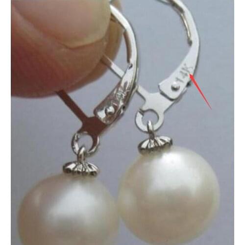 Free Shippng fine jewelry AAA 9-10mm round white south sea pear earring 14k white gold