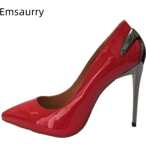 Shiny Patent Leather Dress Shoes Woman Metal Stiletto Heel Pointed Toes Women Pumps Slim Shallow Shoes Zapatos De Mujer