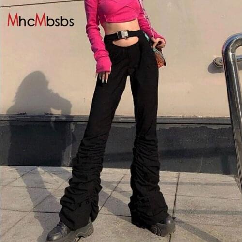 Black Stacked Pants Ruched Cut Out Belt Streetwear Trousers Vintage Fashion Autumn Korean Style Sweatpants Women 90s Y2K Clothes