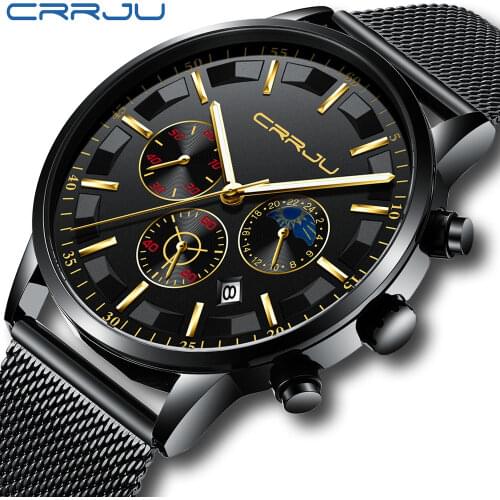 Luxury Brand CRRJU Men Watch Classic Business Waterproof Chronograph Moon Phase Wristwatch Fashion Outdoor Sport Date Watch