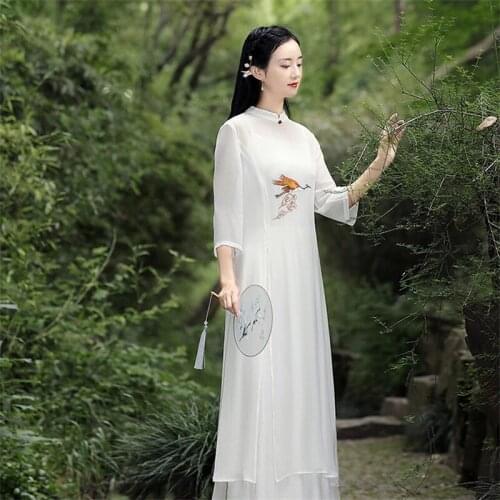 Summer Chinese Style Elegant Cheongsams Dress Traditional Women Vintage Floral Embroidery Qipao Dress Ladies Chiffon Dresses