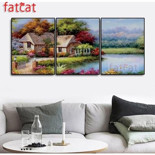 FATCAT farmhouse garden landscape diy 5d diamond painting full square round drill mosaic embroidery triptych decoration AE2351