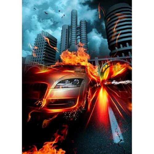 Car Fire Buildings Dark Clouds Photography Backdrop Vinyl Cloth Background for Children Baby Portrait Photocall Photo Studio