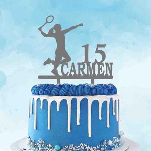 Personalized Badminton Sport Cake Topper Custom Name Age Girl Playing Badminton For Birthday or Badminton Party Cake Decoration