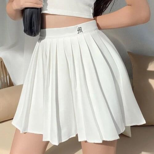 Casual White Mini Pleated Skirts Shorts Letter Print High Waisted Short Skirt Korean Preppy Style Summer Dance 2021
