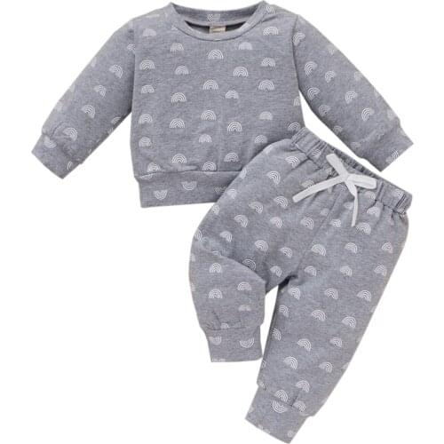 Boys Casual Two-piece Clothes Set Rainbow Printed Pattern Round Collar Pullover and Pants Brown/ Grey